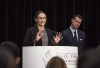 Inductee to Canada's Sports Hall of Fame Susan Auch, Speed Skating, speaks at a press conference as Hall of Fame Inductee and presenter Mark Tewksbury looks on, in Toronto, Wednesday, Oct. 21, 2015. A spokesman says the Speed Skating Canada board of directors decided Thursday that it 