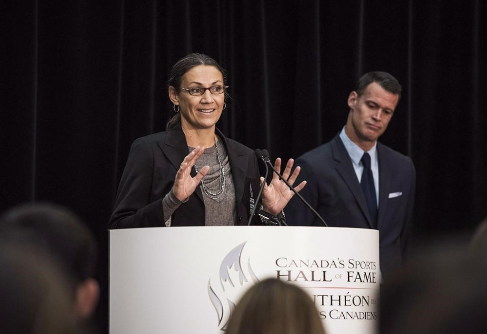 AARON VINCENT ELKAIM / CANADIAN PRESS FILES
As an inductee to Canada's Sports Hall of Fame Susan Auch speaks at a press conference in 2015.