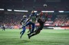 B.C. Lions' Keon Hatcher (4) fails to make the reception in the end zone as Winnipeg Blue Bombers' Brandon Alexander (37) defends during the first half of CFL football game in Vancouver, on Saturday, October 15, 2022. THE CANADIAN PRESS/Darryl Dyck