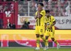 Dortmund's Jude Bellingham, front, reacts after he faild to score during the German Bundesliga soccer match between 1. FC Union Berlin and Borussia Dortmund in Berlin, Germany, Sunday, Oct. 16, 2022. (AP Photo/Michael Sohn)