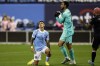 New York City FC midfielder Santiago Rodríguez, left,reacts after Inter Miami goalkeeper Drake Callender, center, made a save during the first half of an MLS soccer playoff match Monday, Oct. 17, 2022, in New York. (AP Photo/Adam Hunger)