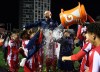 Atletico Ottawa head coach Carlos Gonzalez gets the Gatorade shower from his players after the team’s 2-2 draw, with visiting York United FC in the Canadian Premier League regular-season finale at TD Place in Ottawa on Sunday Oct. 9, 2022. Gonzalez, who led Ottawa from worst to first in the eight-team league in his first season at the helm, is one of three finalists for CPL coach of the year. THE CANADIAN PRESS/HO-Canadian Premier League-Matt Zambonin **MANDATORY CREDIT **