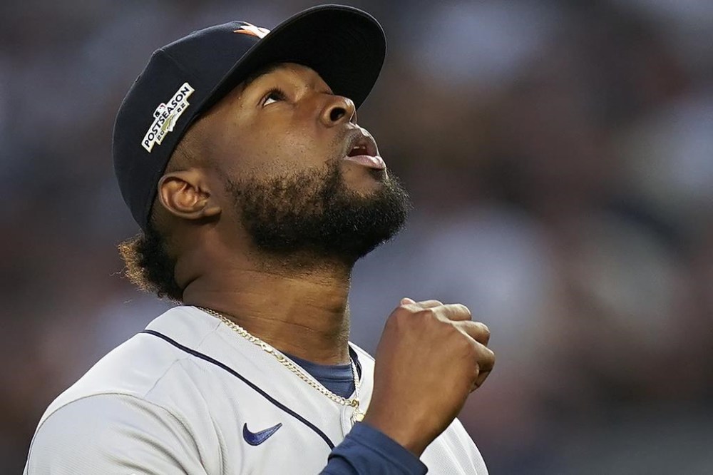 Houston Astros starting pitcher Cristian Javier reacts as he walks off the field after striking out New York Yankees Josh Donaldson to end the second inning of Game 3 of an American League Championship baseball series, Saturday, Oct. 22, 2022, in New York. (AP Photo/Seth Wenig)
