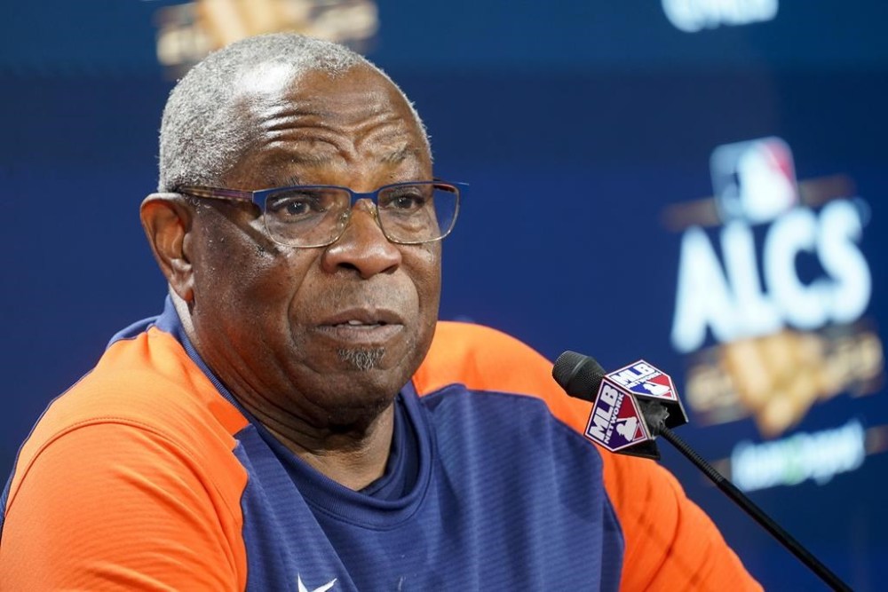 Houston Astros manager Dusty Baker Jr. answers questions during a news conference before Game 4 of an American League Championship baseball series between the New York Yankees and the Houston Astros, Sunday, Oct. 23, 2022, in New York. (AP Photo/John Minchillo)