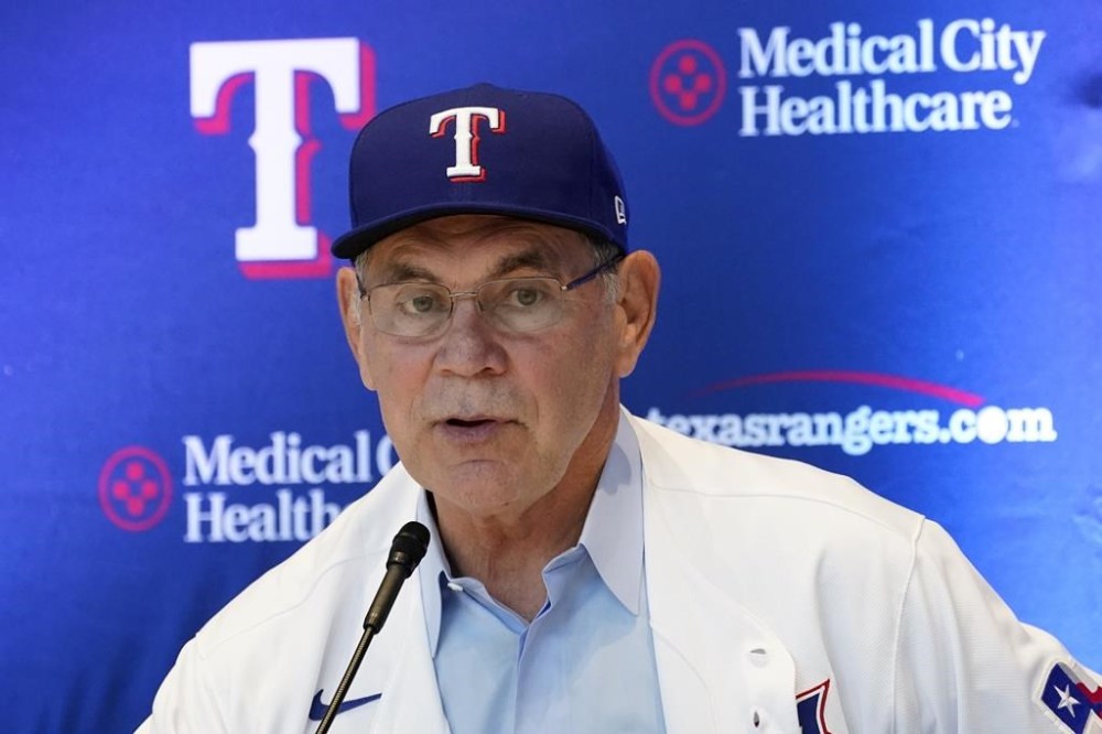 Bruce Bochy, the new manager for the Texas Rangers baseball team, responds to questions during a news conference in Arlington, Texas, Monday, Oct. 24, 2022. (AP Photo/Tony Gutierrez)