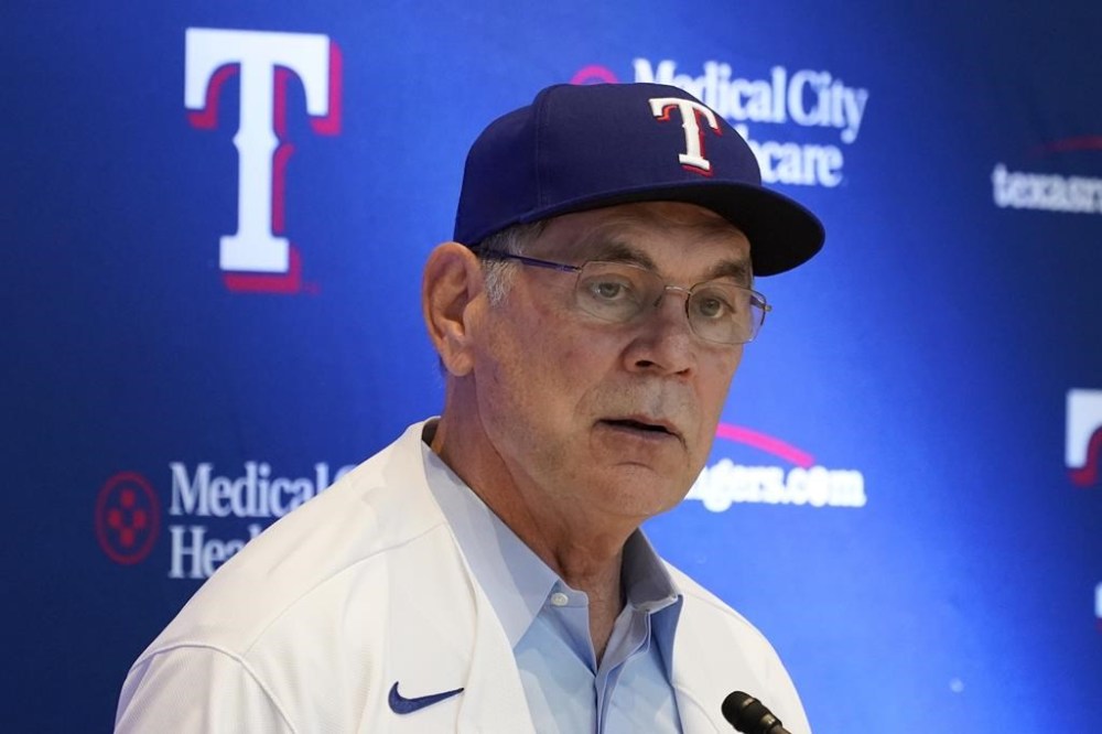 Bruce Bochy, the new manager for the Texas Rangers baseball team, responds to questions during a news conference in Arlington, Texas, Monday, Oct. 24, 2022. (AP Photo/Tony Gutierrez)