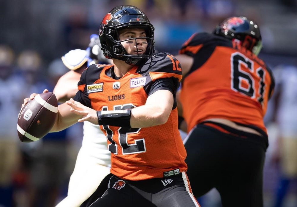 B.C. Lions quarterback Nathan Rourke passes during the first half of CFL football game against the Winnipeg Blue Bombers in Vancouver, on Saturday, July 9, 2022. THE CANADIAN PRESS/Darryl Dyck