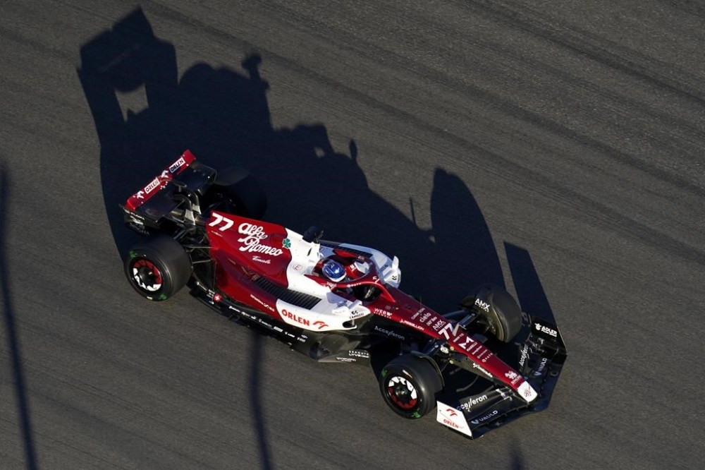Alfa Romeo driver Valtteri Bottas, of Finland, drives during a practice session for the Formula One U.S. Grand Prix auto race at Circuit of the Americas, Friday, Oct. 21, 2022, in Austin, Texas. (AP Photo/Charlie Neibergall)
