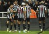 Newcastle United's Miguel Almiron, left, celebrates scoring during the English Premier League soccer match at St. James' Park, Newcastle upon Tyne, England, Wednesday Oct. 19, 2022. (Owen Humphreys/PA via AP)