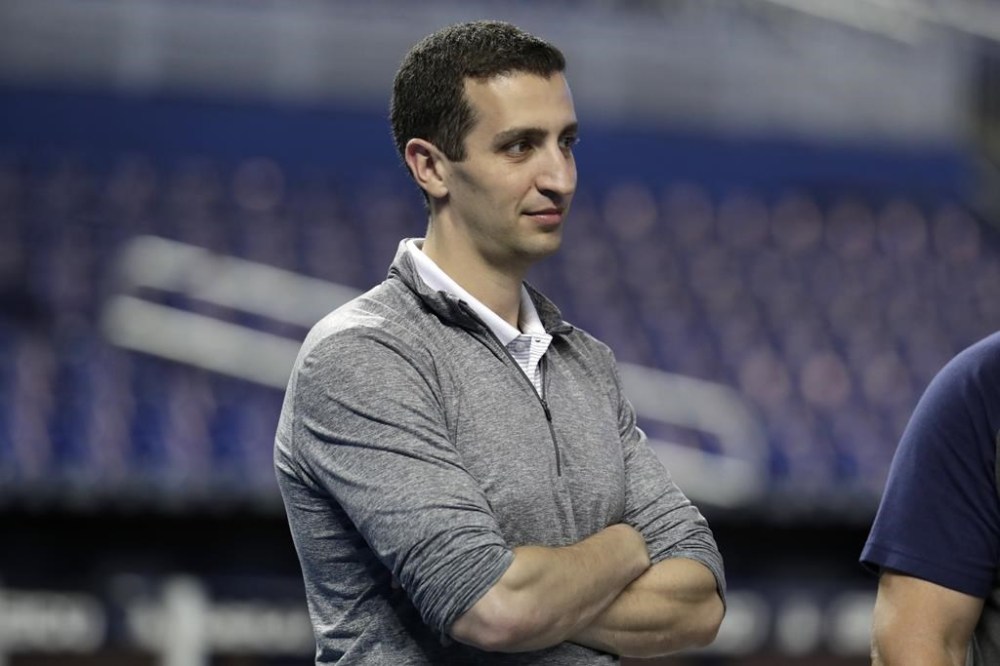 FILE - Milwaukee Brewers general manager David Stearns stands on the field before a baseball game against the Miami Marlins, Wednesday, Sept. 11, 2019, in Miami. David Stearns is stepping down as the Milwaukee Brewers’ president of baseball operations but will remain with the organization in an advisory role to owner Mark Attanasio. The Brewers announced the transition Thursday, Oct. 27, 2022. (AP Photo/Lynne Sladky, File)