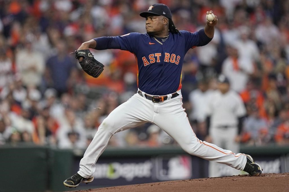Houston Astros starting pitcher Framber Valdez (59) works from the mound during the first inning in Game 2 of baseball's American League Championship Series between the Houston Astros and the New York Yankees, Thursday, Oct. 20, 2022, in Houston. (AP Photo/Eric Gay)