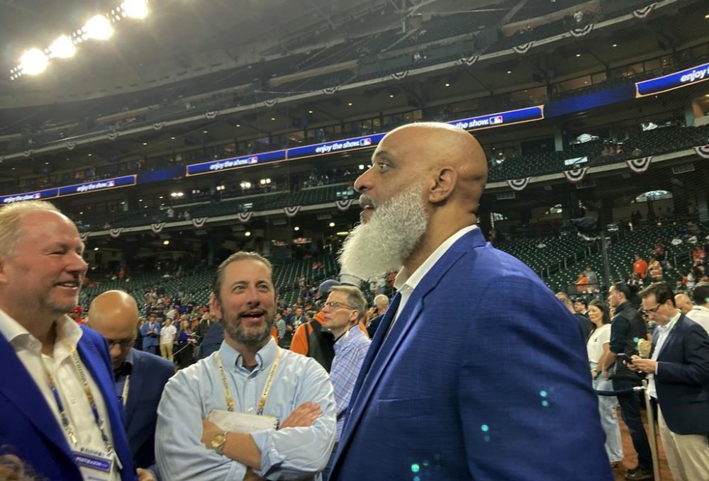 Major League Baseball Union head Tony Clark speaks to reporters before Game 1 of baseball's World Series between the Houston Astros and the Philadelphia Phillies on Friday, Oct. 28, 2022, in Houston. (AP Photo/Ron Blum)