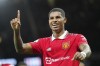 Manchester United's Marcus Rashford celebrates after scoring his side's opening goal during the English Premier League soccer match between Manchester United and West Ham United at Old Trafford stadium in Manchester, England, Sunday, Oct. 30, 2022. (AP Photo/Jon Super)
