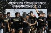 Los Angeles FC celebrates after a win over Austin FC in the MLS playoff Western Conference final soccer match Sunday, Oct. 30, 2022, in Los Angeles. (AP Photo/John McCoy)