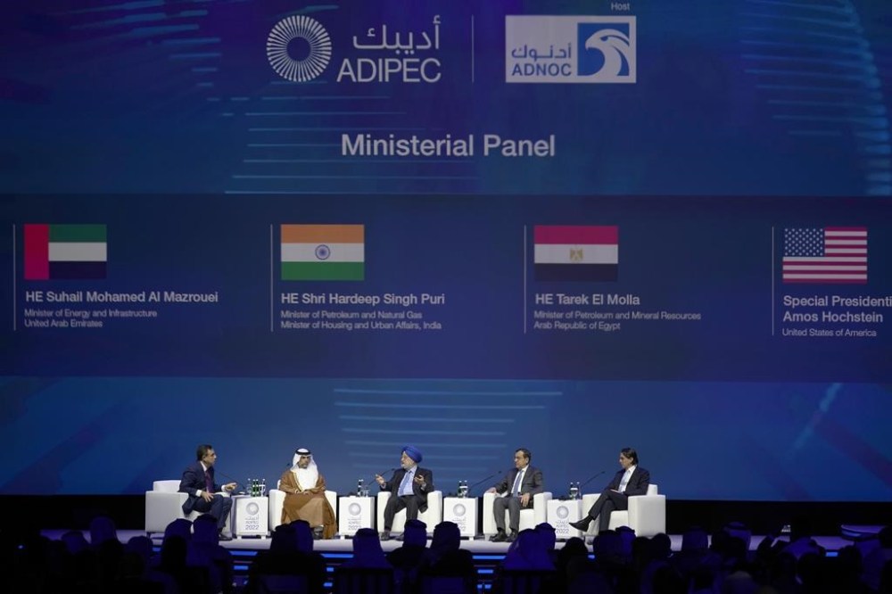 Second left to right; UAE Energy Minister Suhail al-Mazrouei, India's Minister of Petroleum and Natural Gas & Housing Shri Hardeep Puri, the U.S. Envoy for Energy Affairs Amos Hochstein and Minister of Petroleum and Mineral Resources Tarek EI Molla attend the opening ceremony of the Abu Dhabi International Petroleum Exhibition & Conference in Abu Dhabi, United Arab Emirates, Monday, Oct. 31, 2022. Saudi Arabia and the United Arab Emirates defended on Monday a decision by OPEC and its allies to cut oil production, even as an American envoy warned of