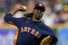 Houston Astros relief pitcher Rafael Montero works during the seventh inning in Game 2 of baseball's World Series between the Houston Astros and the Philadelphia Phillies on Saturday, Oct. 29, 2022, in Houston. (AP Photo/Eric Gay)