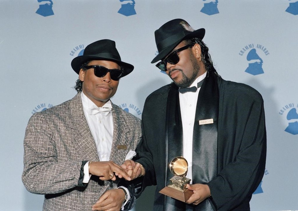 FILE - Jimmy Jam, right, and Terry Lewis pose after winning the Grammy Award for Producer of the Year for their work on Janet Jackson's