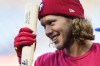 Philadelphia Phillies third baseman Alec Bohm waits to take batting practice before Game 3 of baseball's World Series between the Houston Astros and the Philadelphia Phillies on Tuesday, Nov. 1, 2022, in Philadelphia. (AP Photo/Matt Slocum)