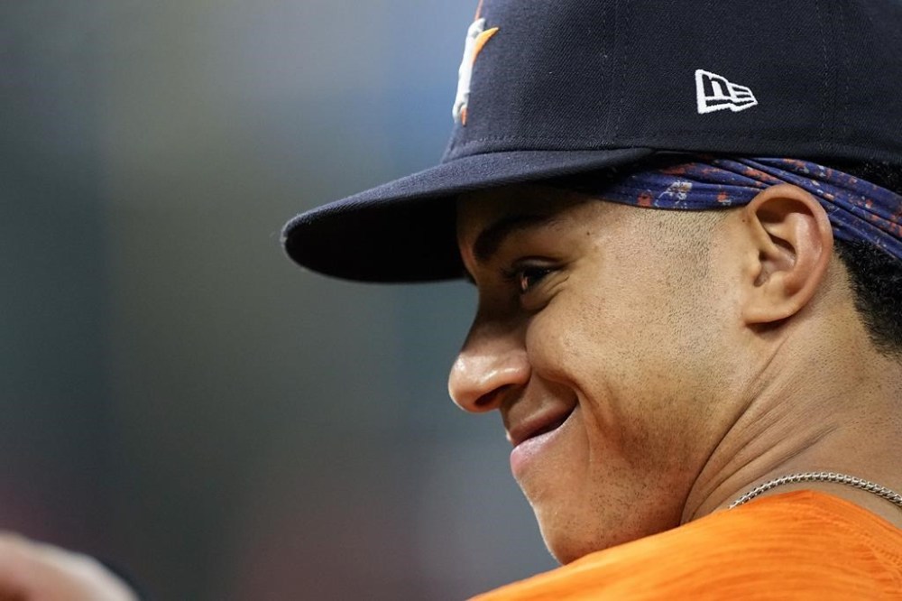 Houston Astros shortstop Jeremy Pena walks on the field ahead of Game 2 of baseball's World Series between the Houston Astros and the Philadelphia Phillies on Saturday, Oct. 29, 2022, in Houston. (AP Photo/David J. Phillip)