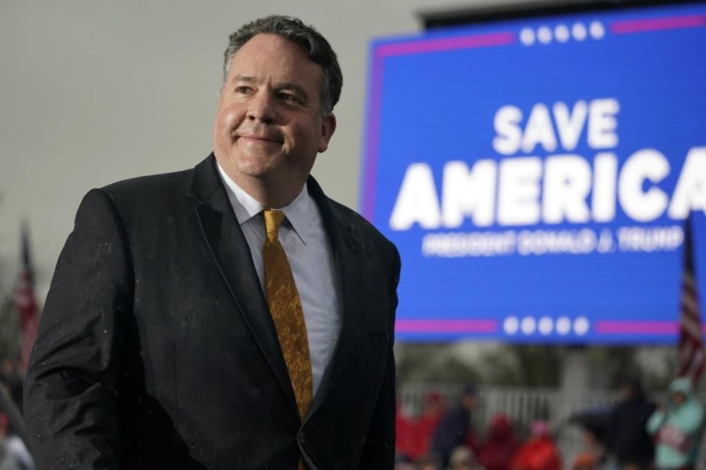 FILE - Rep. Alex Mooney, Republican Candidate for U.S. Representative for West Virginia's 2nd Congressional District, attends a campaign rally at the Westmoreland Fair Grounds in Greensburg, Pa., on May 6, 2022. Mooney is facing Democrat Barry Wendell in the race for a seat representing the state's 2nd Congressional District. But Mooney hasn’t shown any interest in debating or even engaging with Wendell. The congressman is more interested in talking about the last Democrat Sen. Joe Manchin. (AP Photo/Gene J. Puskar, File)