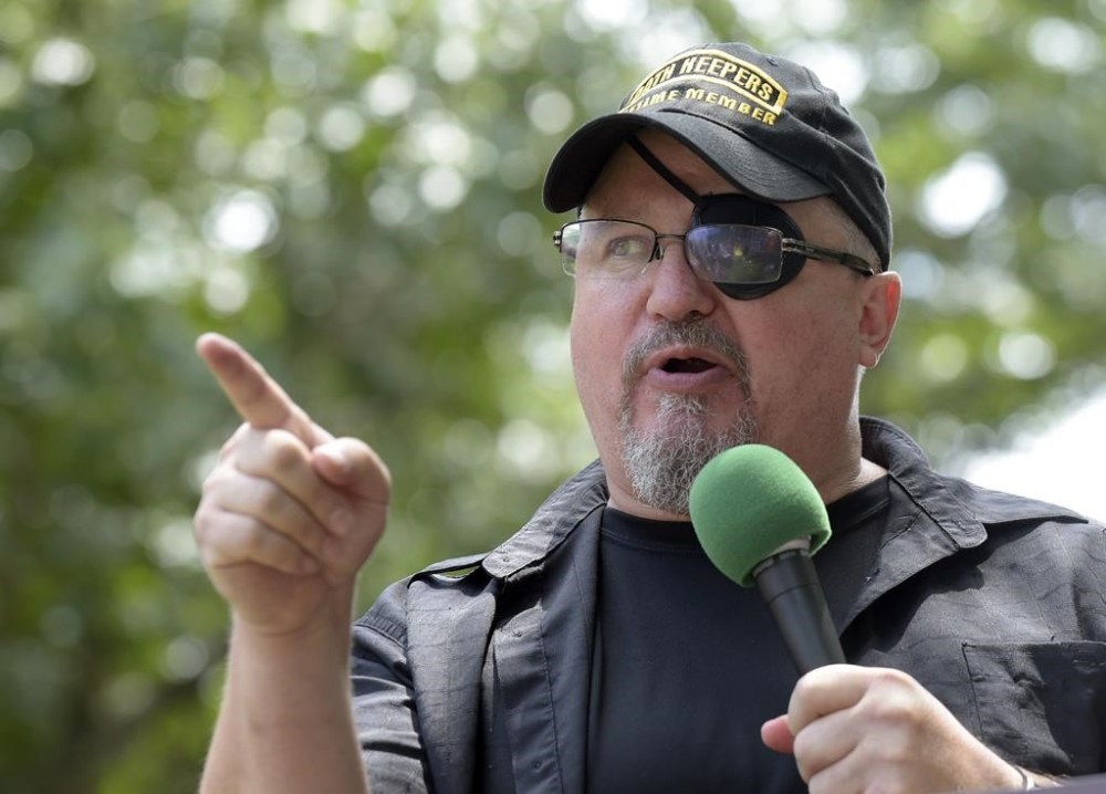FILE - Stewart Rhodes, founder of the citizen militia group known as the Oath Keepers speaks during a rally outside the White House in Washington, on June 25, 2017. A witness testified Wednesday that Oath Keepers founder Stewart Rhodes tried to get a message to then-President Donald Trump days after the Jan. 6, 2021 insurrection through an intermediary. He wanted to urge Republican to fight to stay in power and “save the republic.