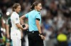 Referee Stephanie Frappart reacts during the Champions League Group F soccer match between Real Madrid and Celtic at the Santiago Bernabeu stadium in Madrid, Spain, Wednesday, Nov. 2, 2022. (AP Photo/Manu Fernandez)
