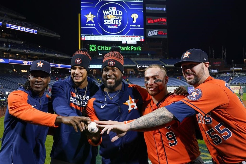 Houston Astross relief pitcher Rafael Montero, relief pitcher Bryan Abreu, starting pitcher Cristian Javier, catcher Christian Vazquez, and relief pitcher Ryan Pressly, from left, celebrate a combined no hitter after Game 4 of baseball's World Series between the Houston Astros and the Philadelphia Phillies on Wednesday, Nov. 2, 2022, in Philadelphia. The Astros won 5-0 to tie the series two games all. (AP Photo/Matt Slocum)