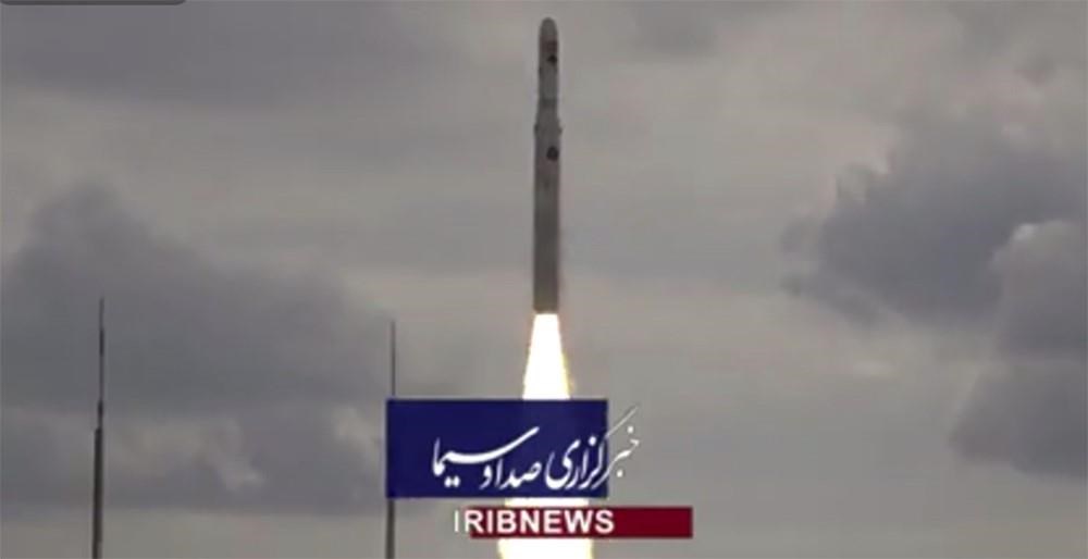 This image taken from video footage aired by Iranian state television on Saturday, Nov. 5, 2022, shows the launch of a satellite carrier rocket by Iran’s Revolutionary Guard from an undisclosed desert location. Iran’s powerful paramilitary Guard launched the rocket as nationwide protests continue to engulf the country. (Iranian state television via AP)