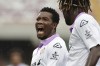 Cremonese's David Okereke celebrates scoring during the Serie A soccer match between Salernitana and Cremonese at Arechi stadium, Salerno, Italy, Saturday Nov. 5, 2022. (Alessandro Garofalo/LaPresse via AP)
