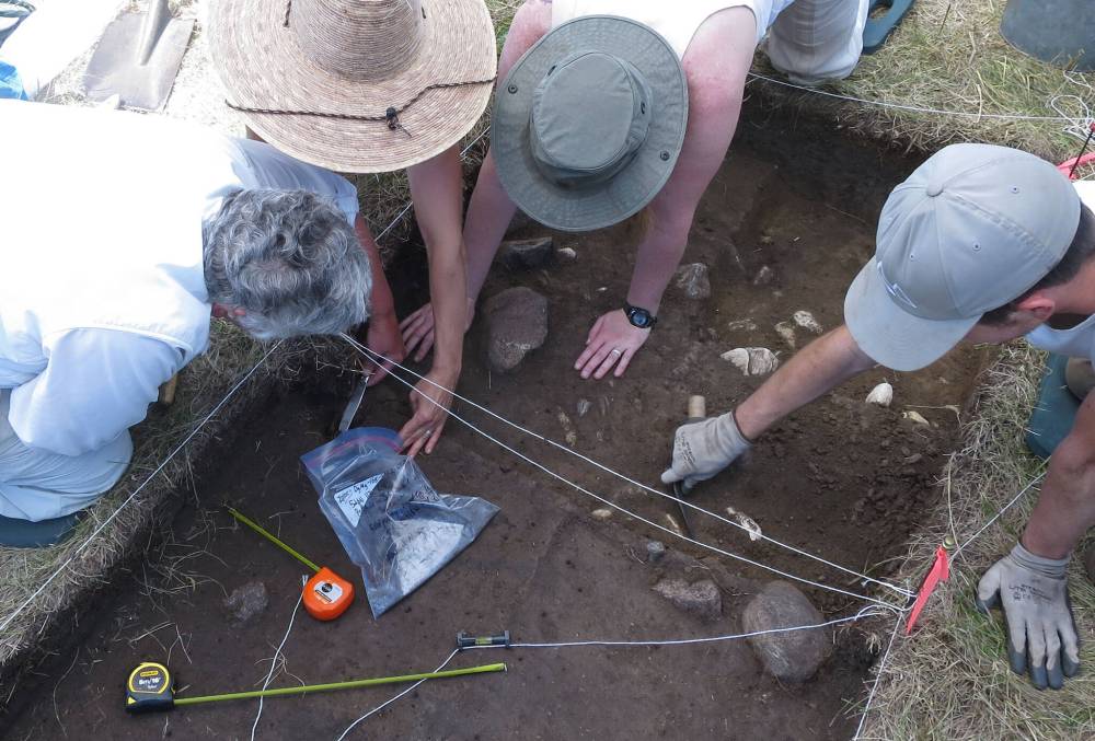SUPPLIED From left: Dr. Mary Malainey (Projector Director, Brandon University), Dr. Sara Halwas (University of Manitoba), Alicia Gooden (President, MAS), and Joel Firman (Brandon University student) excavate potsherds found near a hearth at the Pierson Wildlife Management Archaeological Project