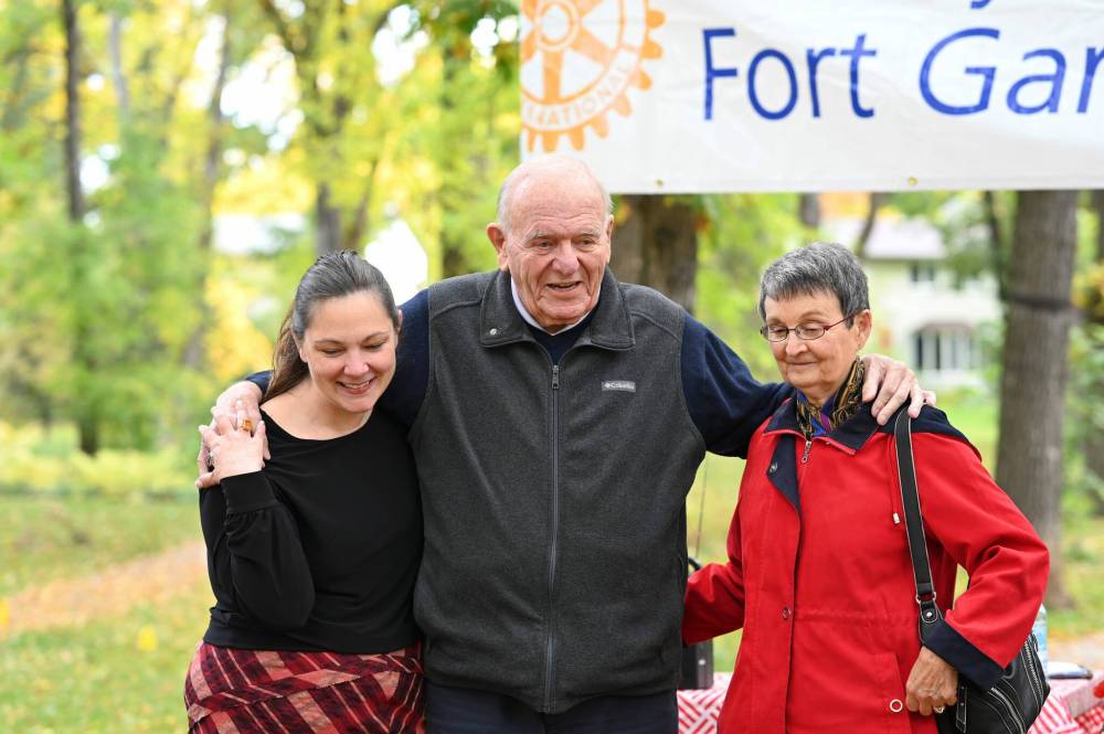 KELSEY JAMES / CANSTAR The Fort Garry Rotary Club marked 60 years of service by honouring longtime member Ted Foreman, with wife Lynn and city councillor Sherri Rollins, at a ceremony on October 3. Foreman joined the Fort Garry Rotary Club in 1962 because he was interested in helping others. Now, six decades later, the club unveiled a new bench near Wildwood Park acknowledging Foreman’s service to the community.