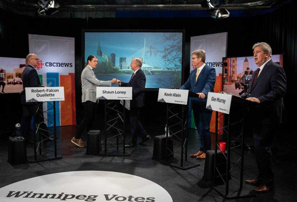 Each mayoral candidate got to ask one question of another candidate during one of the segments. (Jessica Lee / Winnipeg Free Press)
