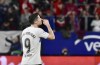 Barcelona's Robert Lewandowski reacts during a Spanish La Liga soccer match between Osasuna and Barcelona at El Sadar stadium in Pamplona, Spain, Tuesday, Nov. 8, 2022. (AP Photo/Alvaro Barrientos)