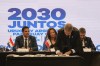Uruguay's Sport Minister Sebastian Bauza signs a joint document to create the 