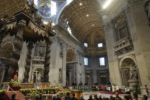 Faithful gatherer in St. Peter's Basilica during a mass celebrated by Pope Francis on the occasion of the World Day of the Poor in St. Peter's Basilica, at the Vatican, Sunday, Nov. 13, 2022. (AP Photo/Gregorio Borgia)