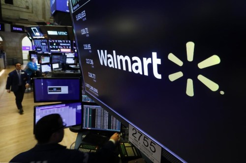 FILE - In this Feb. 18, 2020 file photo, the logo for Walmart appears above a trading post on the floor of the New York.  Walmart reports quarterly financial results reports quarterly financial results Tuesday, Nov. 15, 2022. (AP Photo/Richard Drew, File)