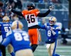 Winnipeg Blue Bombers quarterback Zach Collaros (8) throws with pressure from BC Lions' Ben Hladik (46) during the first half of CFL western final action in Winnipeg, Sunday, Nov. 13, 2022. THE CANADIAN PRESS/John Woods
