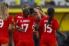 Canada celebrates their opening goal against Brazil at a women's friendly soccer match at Neo Quimica Arena in Sao Paulo, Brazil, Tuesday, Nov. 15, 2022. THE CANADIAN PRESS/AP, Marcelo Chello