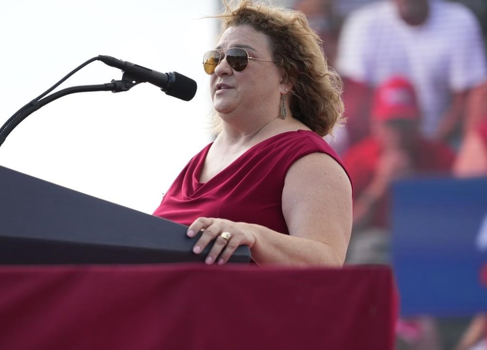 Wisconsin state Rep. Janel Brandtjen speaks as former President Donald Trump holds a campaign rally for Republican gubernatorial candidate Tim Michels at the Waukesha County Fairgrounds in Waukesha, Wis., on Aug. 5, 2022. (Mike De Sisti/Milwaukee Journal-Sentinel via AP)