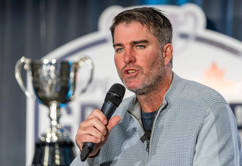Toronto Argonauts head coach Ryan Dinwiddie speaks during the head coaches’ media conference ahead of the Grey Cup at the Queensbury Convention Centre in Regina, on Wednesday, November 16, 2022. The Winnipeg Blue Bombers will be playing against the Toronto Argonauts in the 109th Grey Cup on Sunday. THE CANADIAN PRESS/Heywood Yu