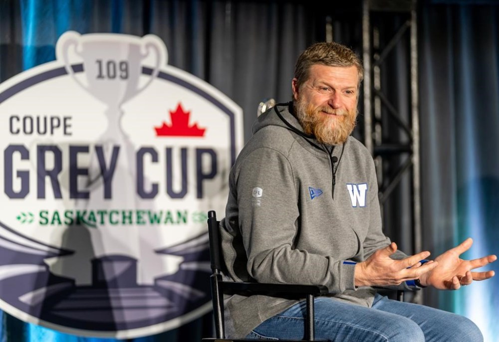 Winnipeg Blue Bombers head coach Mike O'Shea speaks during the head coaches’ media conference ahead of the Grey Cup at the Queensbury Convention Centre in Regina, on Wednesday, November 16, 2022. The Winnipeg Blue Bombers will be playing against the Toronto Argonauts in the 109th Grey Cup on Sunday. THE CANADIAN PRESS/Heywood Yu