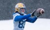 Winnipeg Blue Bombers wide receiver Dalton Schoen (83) catches the football at Leibel Field in Regina, on Wednesday, November 16, 2022. Schoen had never been to Canada and knew little about the Canadian Football League before arriving in Winnipeg for training camp. THE CANADIAN PRESS/Heywood Yu