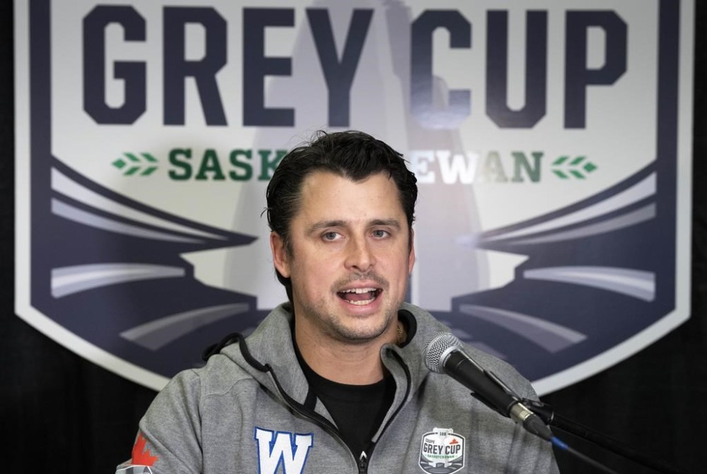 Winnipeg Blue Bombers quarterback Zach Collaros responds to questions during media day in Regina, on Thursday, November 17, 2022. The Winnipeg Blue Bombers will be playing against the Toronto Argonauts in the 109th Grey Cup on Sunday. THE CANADIAN PRESS/Paul Chiasson