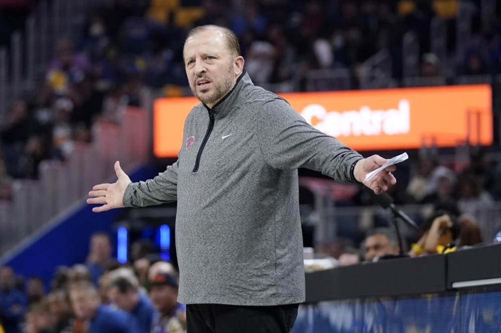 New York Knicks head coach Tom Thibodeau reacts toward officials during the first half of his team's NBA basketball game against the Golden State Warriors in San Francisco, Friday, Nov. 18, 2022. (AP Photo/Jeff Chiu)