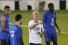 France's national team coach Didier Deschamps, center, gestures during a training session at the Jassim Bin Hamad stadium in Doha, Qatar, Sunday, Nov. 20, 2022. France will play their first match in the World Cup against Australia on Nov. 22. (AP Photo/Christophe Ena)