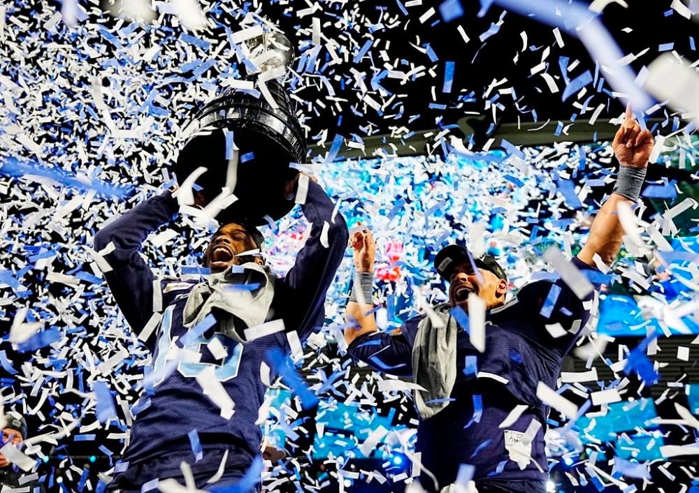 Toronto Argonauts wide receiver Brandon Banks (left) and running back Andrew Harris celebrate after beating the Winnipeg Blue Bombers in the 109th Grey Cup at Mosaic Stadium in Regina, Sunday, Nov. 20, 2022. THE CANADIAN PRESS/Jonathan Hayward