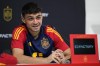 Spain's Pedri speaks to reporters during a news conference at Qatar University, in Doha, Qatar, Monday, Nov. 21, 2022. Spain will play its first match in Group E in the World Cup against Costa Rica on Nov. 23. (AP Photo/Julio Cortez)