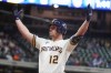FILE - Milwaukee Brewers' Hunter Renfroe reacts after hitting an RBI single during the third inning of a baseball game against the St. Louis Cardinals Wednesday, Sept. 28, 2022, in Milwaukee. The Los Angeles Angels acquired power-hitting outfielder Renfroe in a trade with the Milwaukee Brewers for three young pitchers on Tuesday, Nov. 23, 2022. (AP Photo/Morry Gash, File)