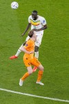 Senegal's Cheikhou Kouyate , top vies for the ball with Frankie de Jong of the Netherlands during the World Cup, group A soccer match between Senegal and Netherlands at the Al Thumama Stadium in Doha, Qatar, Monday, Nov. 21, 2022. (AP Photo/Thanassis Stavrakis)