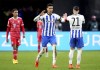 Berlin's Davie Selke, center, celebrates after scoring his side's 2nd goal during the German Bundesliga soccer match between Hertha BSC Berlin and FC Bayern Munich in Berlin, Germany, Saturday, Nov. 5, 2022. (AP Photo/Michael Sohn)